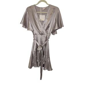 Showpo Rose Gold Pink Satin Wrap Belted Mini Dress Womens Size 8